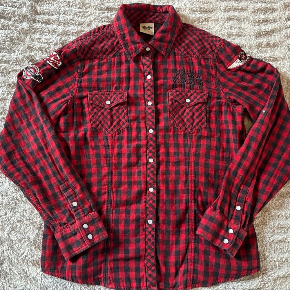 Harley Davidson Women’s Plaid Button Down Shirt L Red Black Patch Logo 2012 - Picture 2 of 14